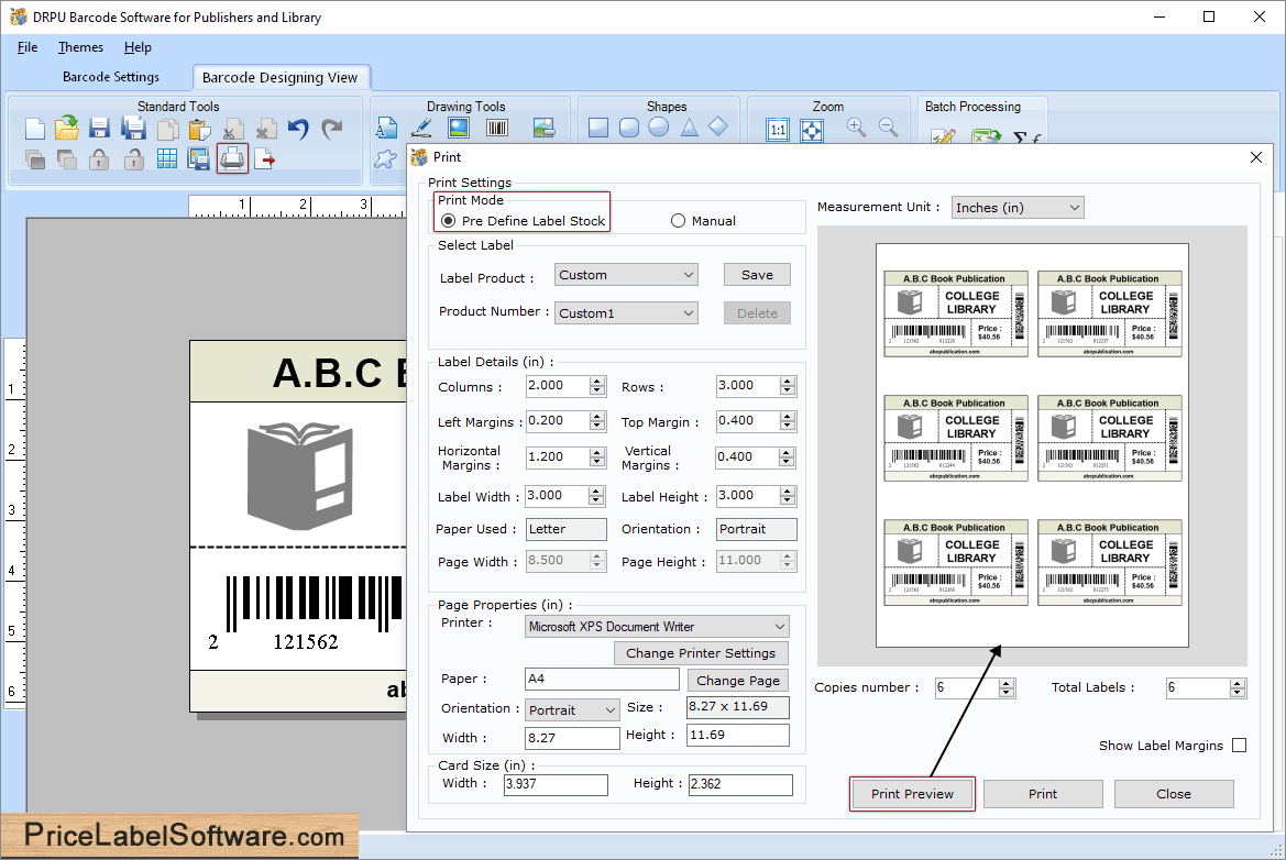 Screenshots of Publishers and library barcode label software to make