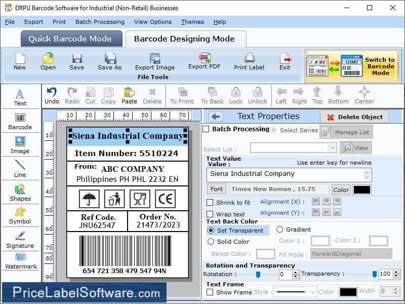 Screenshot of Warehousing Barcode Labels