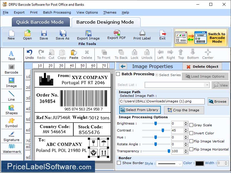 Screenshot of Barcode Label for Post Office